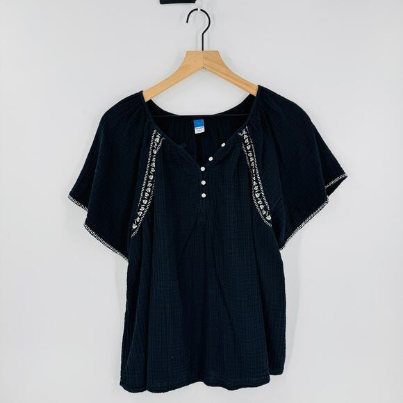 Old Navy Flutter Sleeve Cotton Blouse Black Embroidered Flowy Size L Large - Picture 8 of 8